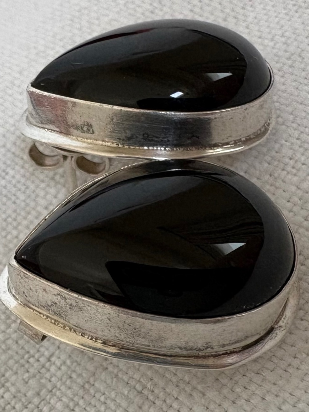 Sterling Silver Statement Black Onyx Teardrop Stud Earrings Modernist Minimalist